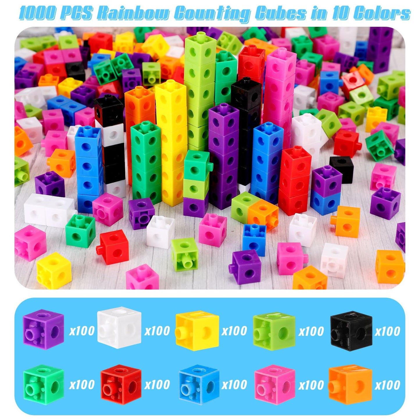 Jenaai 1000 Pieces Linking Counting Cubes, Plastic Counting Blocks, Colorful Math Cubes, Math Manipulatives Classroom Learning Supplies for Preschool Activities Boys Girls(Classic Style)