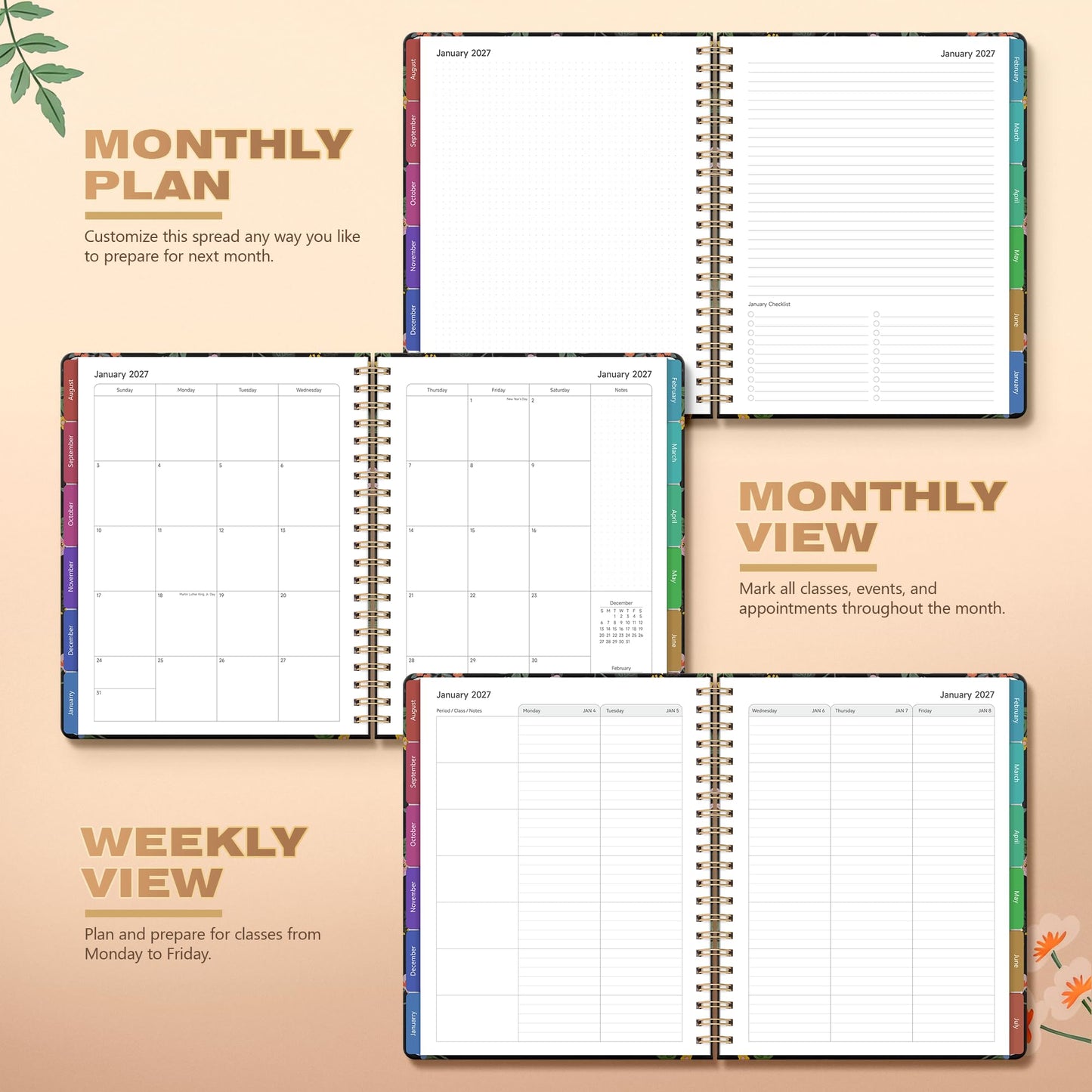 Teacher Lesson Planner 2026-2027 Academic Year, Aug 2026-Jul 2027, Deluxe 26-27 Lesson Plan Book for Teachers Supplies & Homeschool Planner with Pocket & Monthly Tabs, 8.5" x 11", Vintage Floral