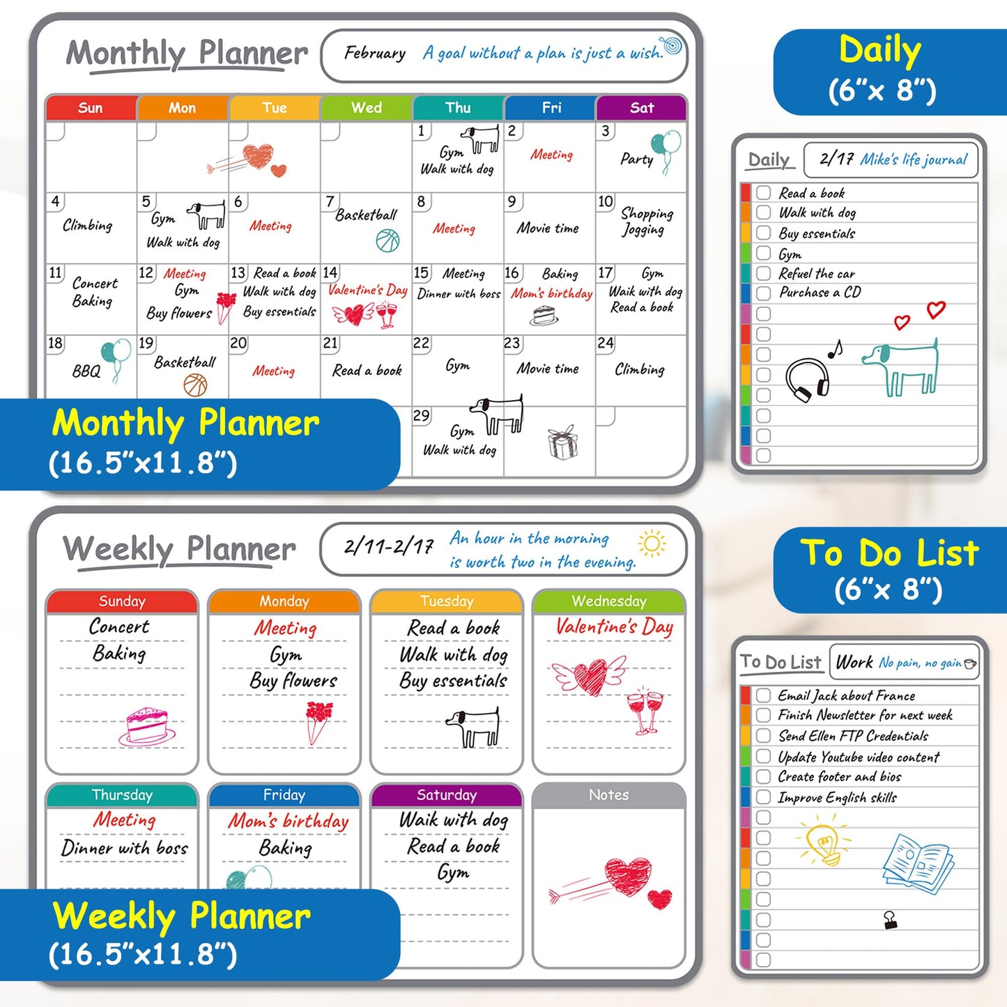 4-Pack Non-Magnetic Dry Erase Calendar Board Set – Monthly, Weekly, Daily, to-Do List Planner – Whiteboard for Stainless Steel Fridge, Wall, Glass, Door – Family, Office, Classroom Organizer