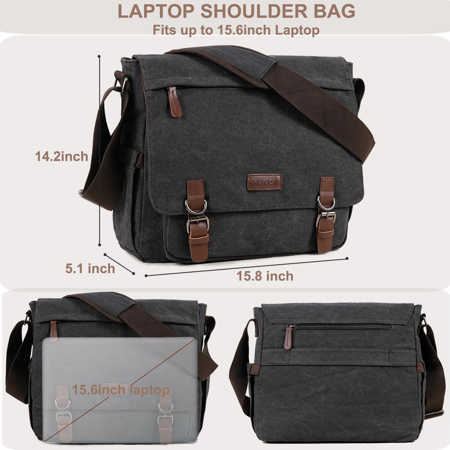Mactso Vintage Messenger Bag 15.6 Inch Laptop for Men Women, Large Travel Crossbody Shoulder Purse with Luggage Strap,Canvas Briefcase Work Office College (Black-Upgrade)