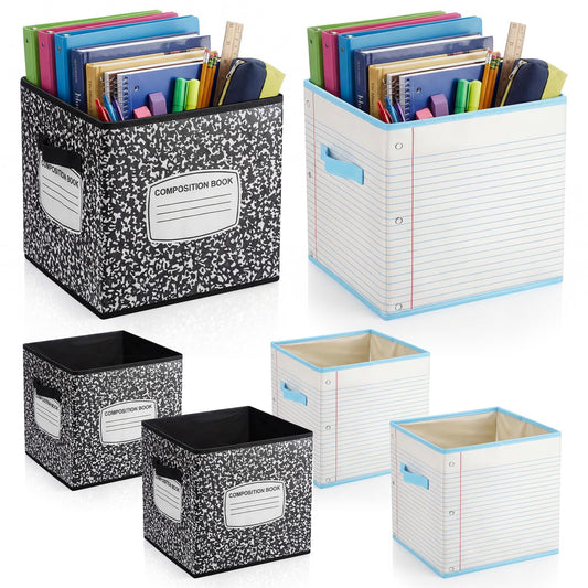 Briwooody 6 Pcs 11 Inch Composition Book Classroom Fabric Storage Bins Cube Classroom Must Have Cubby Basket Bin Notebook School Collapsible Storage Treasure Prize Box for Daycare Elementary Preschool