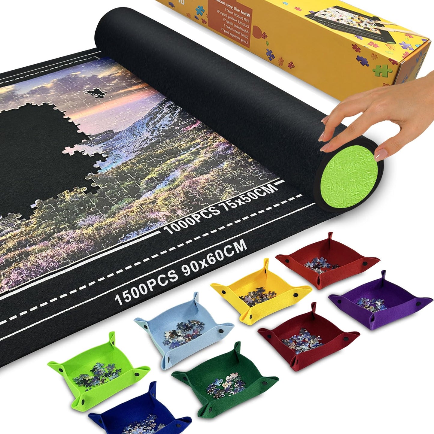 GOECI Puzzle Mat Roll Up with 8 Sorting Trays & Storage Gift Box, Large 46x26 Inch Puzzle Board for 500-1500 Pieces, Portable Puzzle Saver Kit with Travel Bag, Sturdy Box & Straps for Adults Black