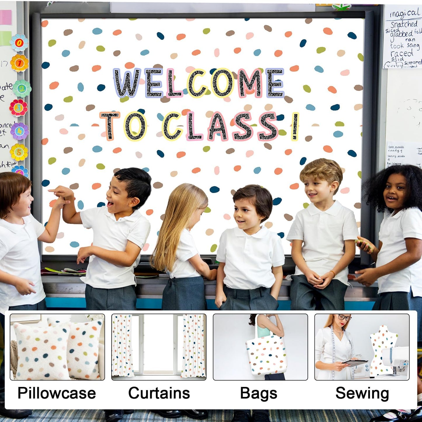 120x47 in Bulletin Board Fabric Background Back to School Classroom Decoration Large Polyester Photography Backdrop for Class Home Office Wall Decor Pillows Curtains Crafts Boho Dot