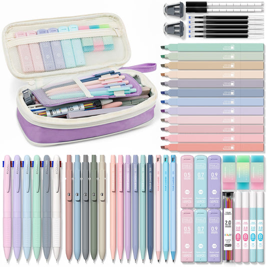 Four Candies 56 PCS Stationery Set, Cute Storage Case with Supplies, 6 Multicolor Pens, 12 Pastel Highlighters, 5 Gel Pens Black Ink, 9 Mechanical Pencils for College Essentials Stuff (Purple)