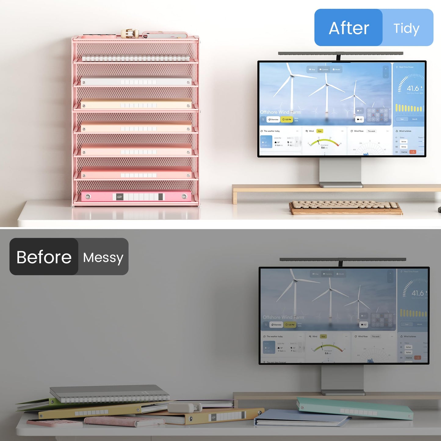 Lavatino 2 Pack 8-Tier Office Desk File Organizer, Letter Tray Paper Organizer with Handle, Including 5 Adjustable Slide Trays for Organizing Desk Workspace Accessories and Supplies (Pink Mesh)