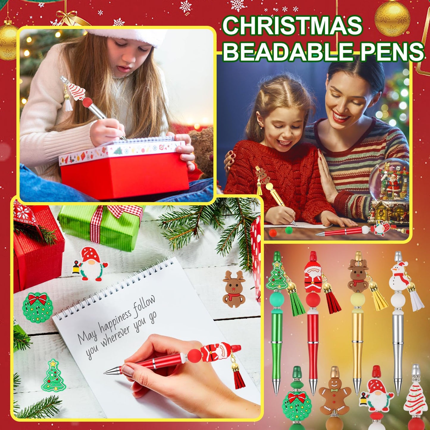 CZWZ 8 Pcs Christmas Beadable Pens, Plastic Beadable Pens with Multicolor Silicone Beads, Christmas Snowman Pine Tree Floral Hoop Deer Pens for Christmas Office School Supplies