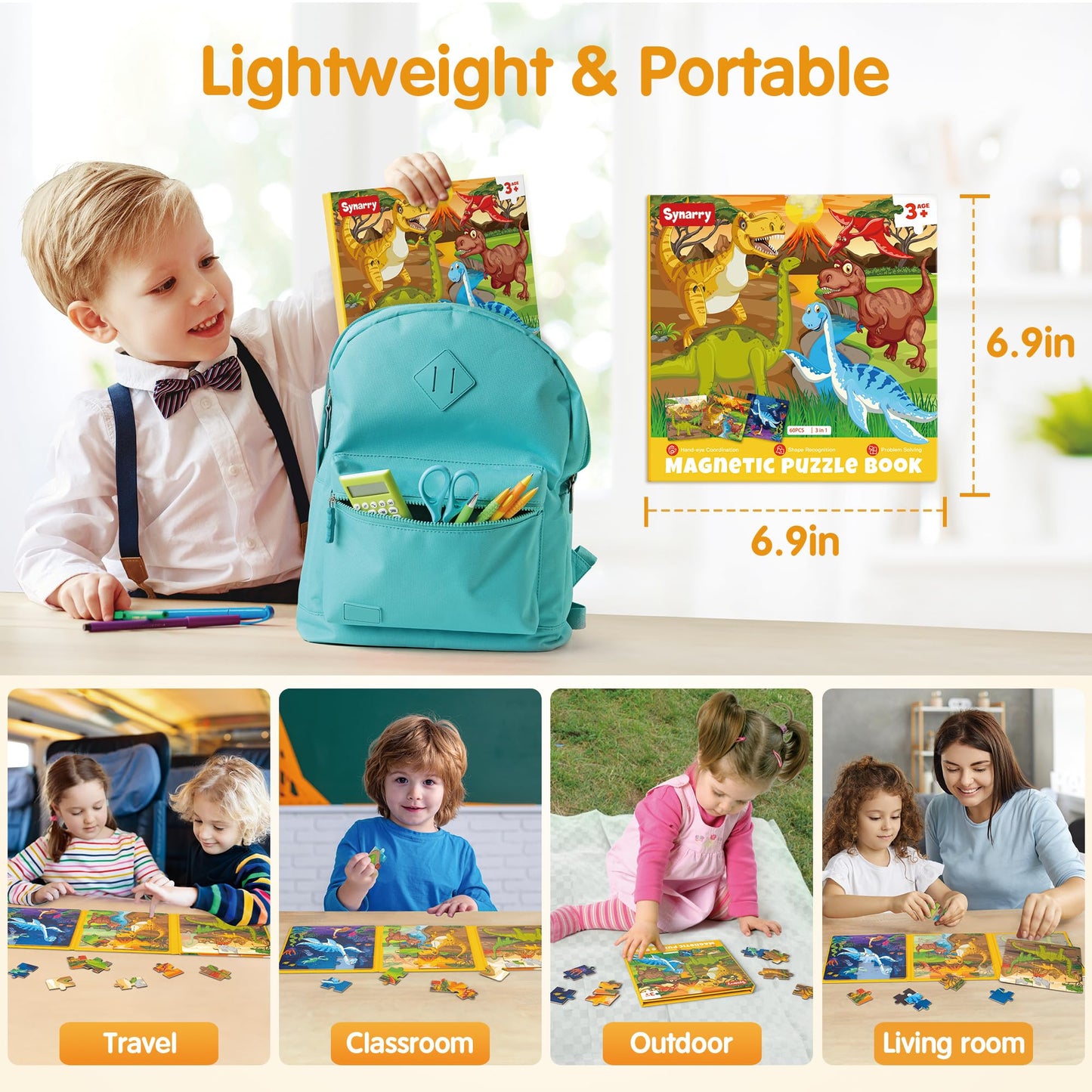 SYNARRY Magnetic Dinosaur Puzzles for Kids Ages 3-5, 20 Pieces Puzzles for Toddlers 4-6, Easter Basket Stuffers Gifts for Kids, Car Airplane Road Trip Activities Magnet Games Toy for Boys Girls