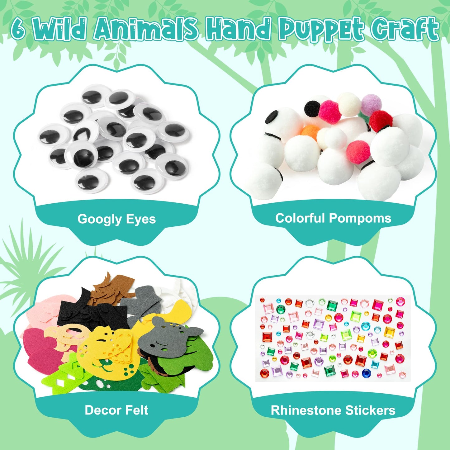 WATINC 6Pcs Hand Puppet Making Kit, Art Craft Felt Sock Puppet Toys, Creative DIY Make Your Own Pompoms Wiggle Googly Eyes Storytelling Role Play Party Supplies Gift for Girls Boys (Wild Animals B)