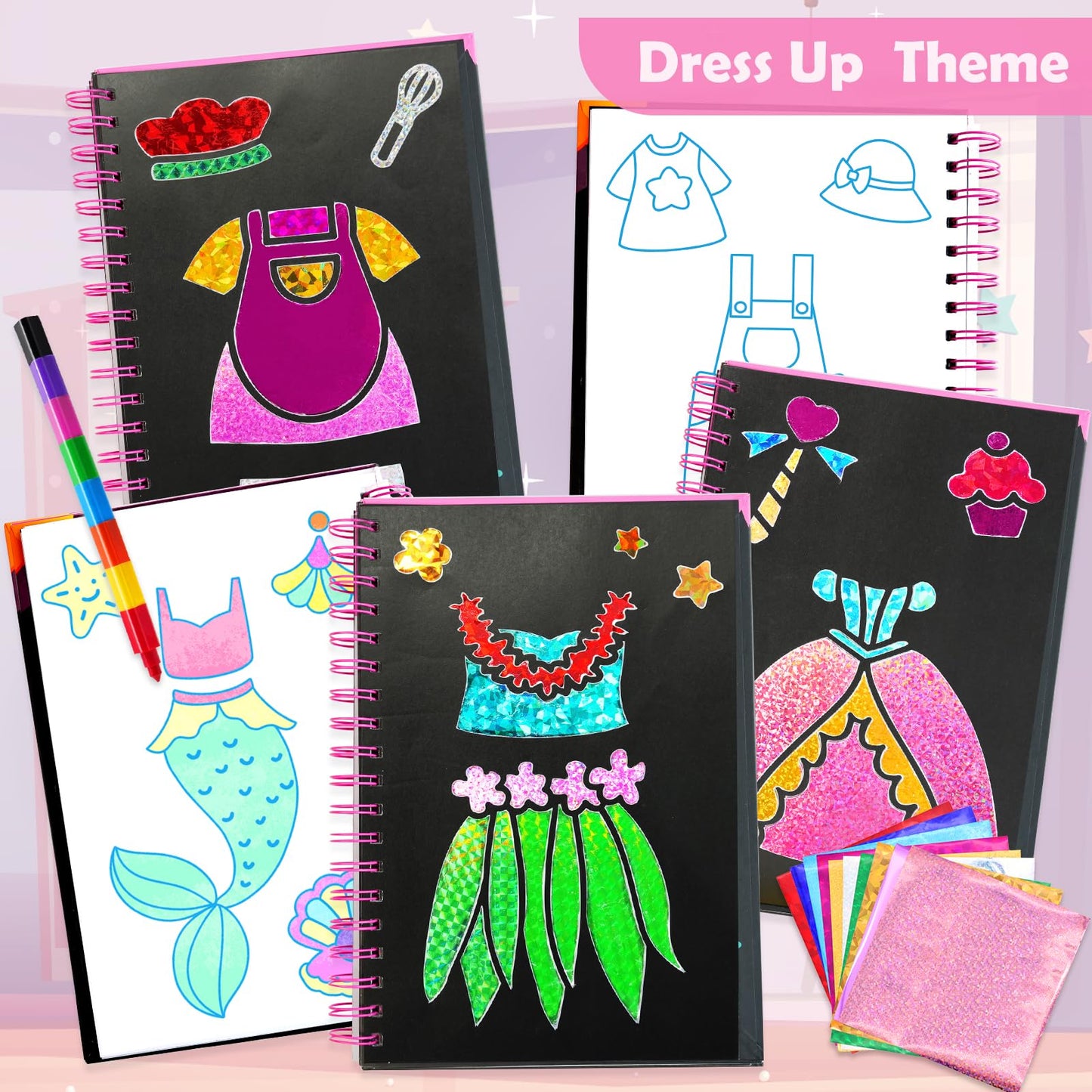 FUNNYB&G Foil Art Craft Kit for Girls 4-10 Years Old: Mess-Free & No-Glue, Create 16 Sparkly Dress Up Pictures – Perfect Travel Toy & Birthday Gift for Kids (Dress Up)