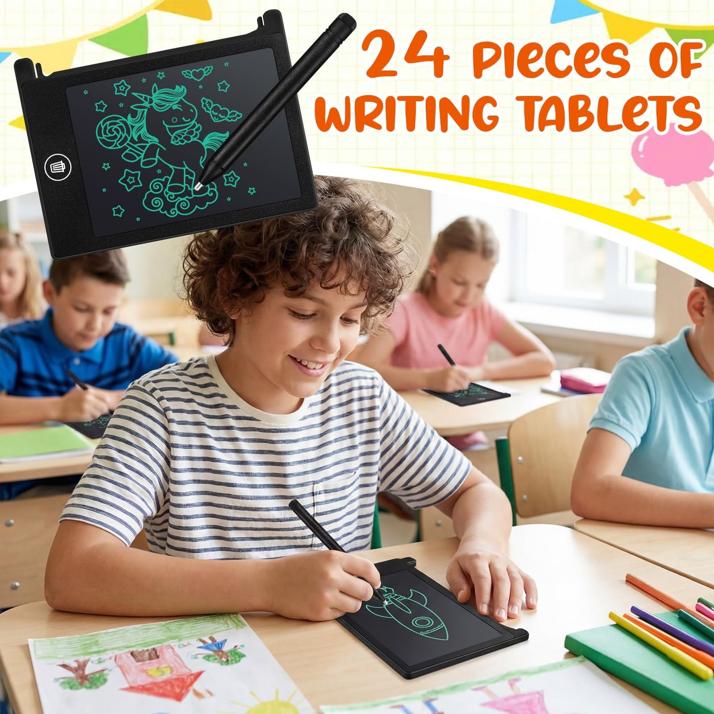 Zhehao 24 Pack LCD Mini Writing Tablet for Kids 4.5 Inch Doodle Board Bulk Erasable Reusable Electronic Drawing Pad Birthday Party Favors Goodie Bag Classroom Gifts(Black)