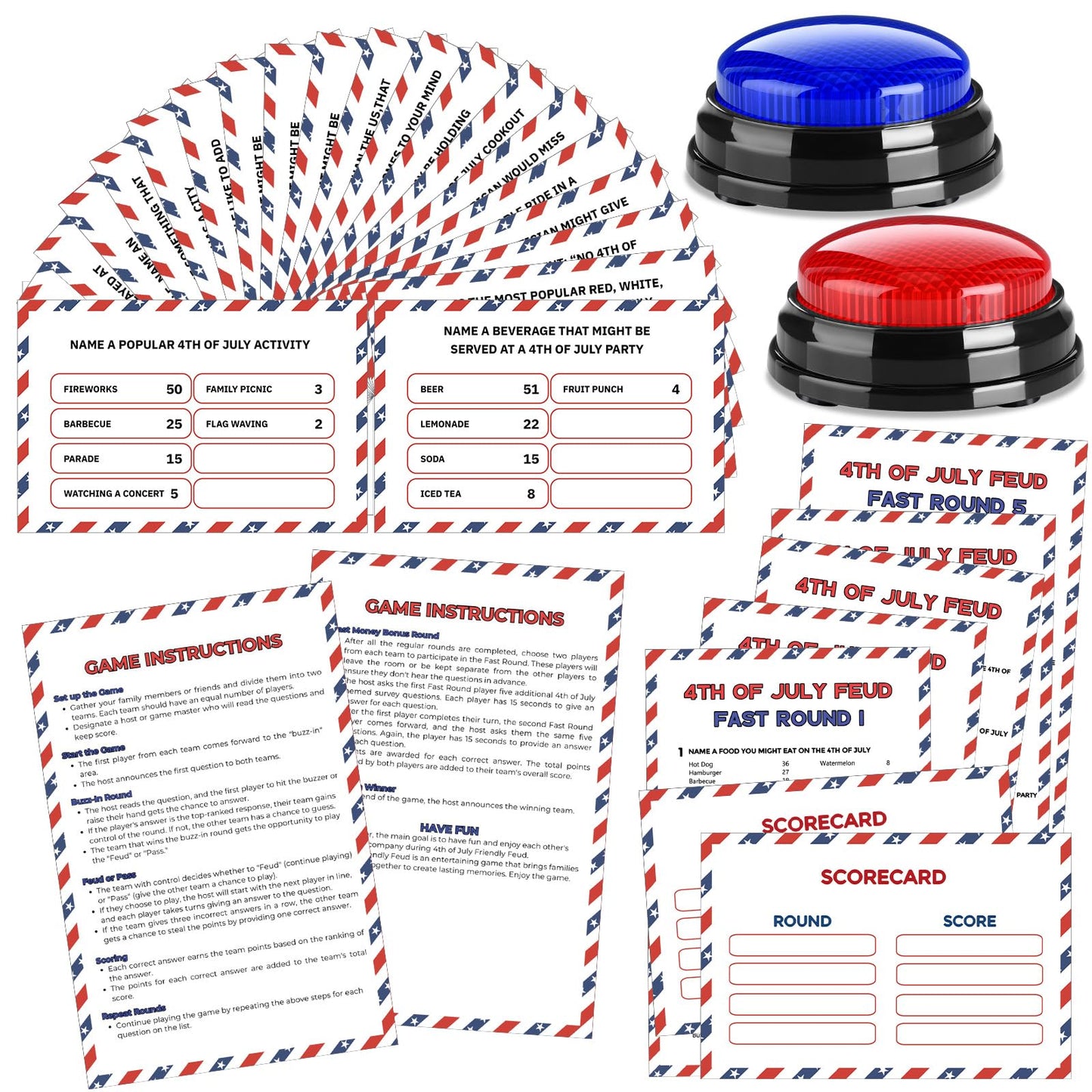 Humyoun 4th of July Friendly Feud Game with 2 Answer Buzzers, Independence Day Feud Cards for Family Game Night Fun Trivia Quiz for Party Office Class Groups Team Building (Red White Blue, Patriotic)