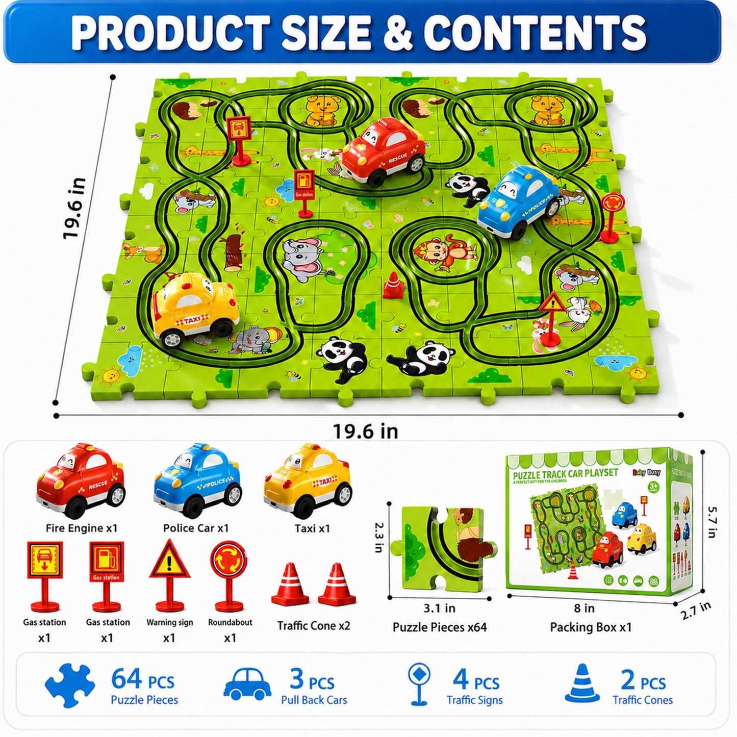 Beby Buty 64PCS Puzzle Race Track Car Set for Kids Boys, Floor Puzzle Tracks Car Toys for Boys Girls Ages 3-5 4-6, Toddler Toys Gifts for 3 4 5 Year Old, Ideal 3 4 5 6 Year Old Birthday Gifts