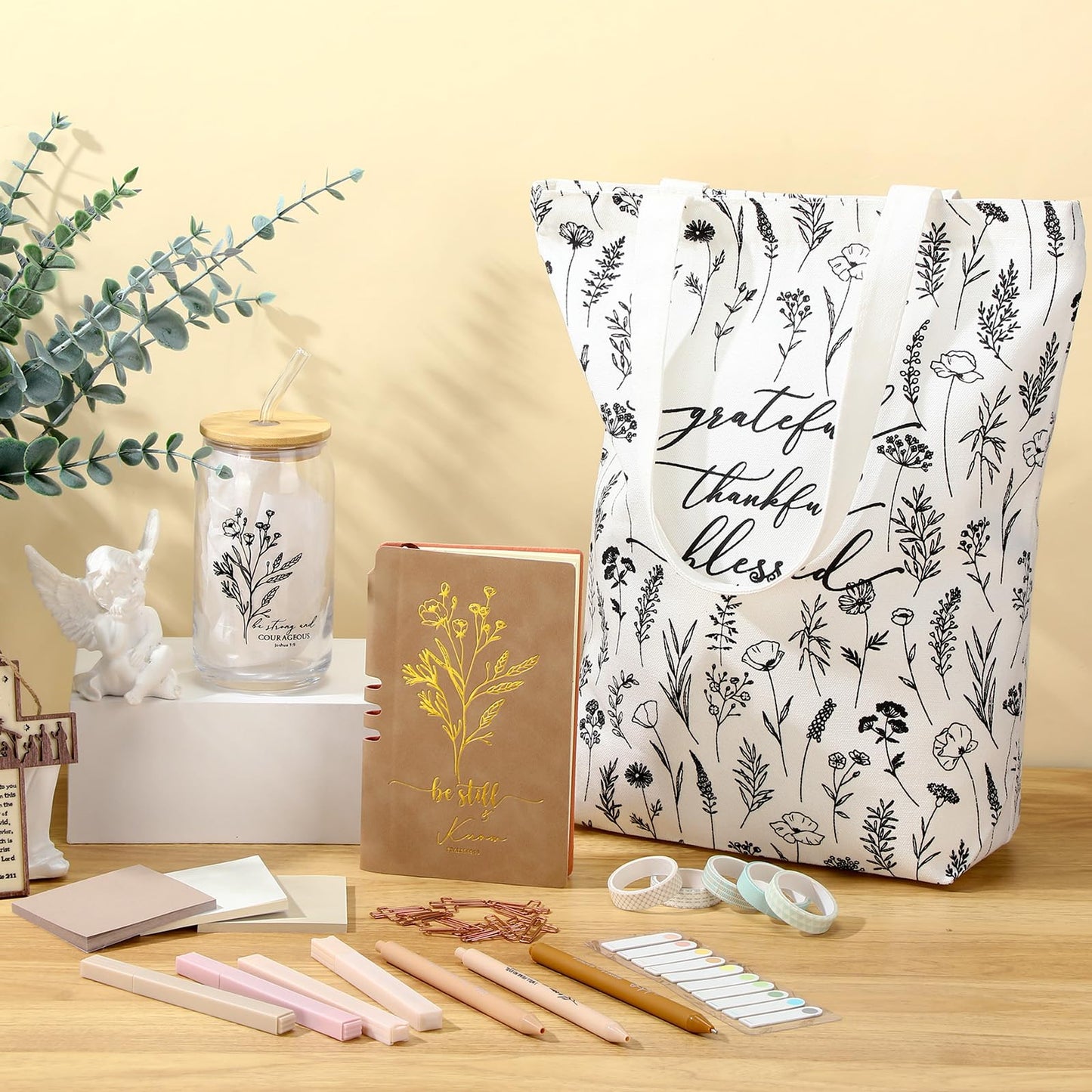 Singhoow 29 Pcs Bible Journaling Supplies Kit 16 oz Glass Cup Canvas Bag Leather Notebook Highlighters Pens Sticky Note Tapes Bible Study Supplies for Women Sunday School Teacher(Boho, Khaki)