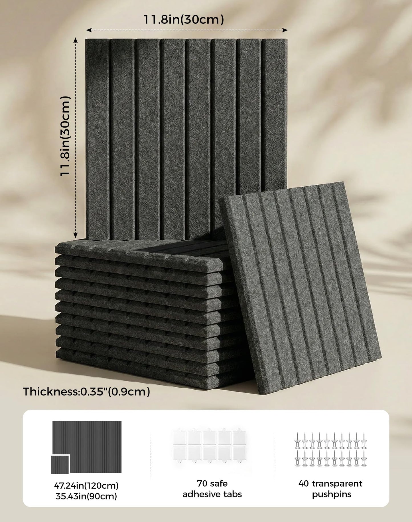 Aothia 12-Pack Felt Bulletin Board Tiles 48"x36", Modular Pin Board for Smooth Walls, Cork Board Alternative for Notes & Photos, 0.35" Thick, 70 Adhesive Tabs & 40 Pins, Charcoal Gray