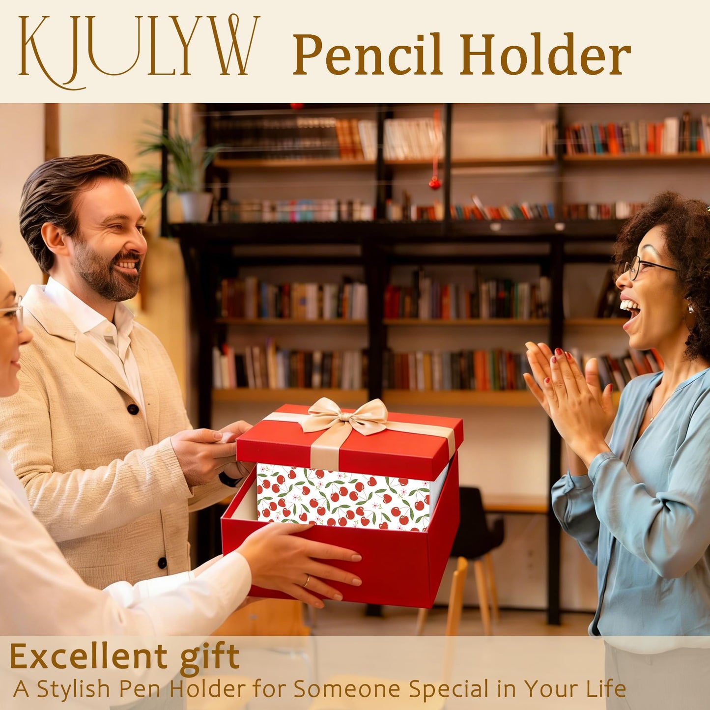 KJULYW Cute Cherry Pen Holder for Desk, Cherry Gifts for Women, Girly Aesthetic Cherries Floral Wooden Box Pencil Pen Holder Organizer for Home Office Desk Accessories