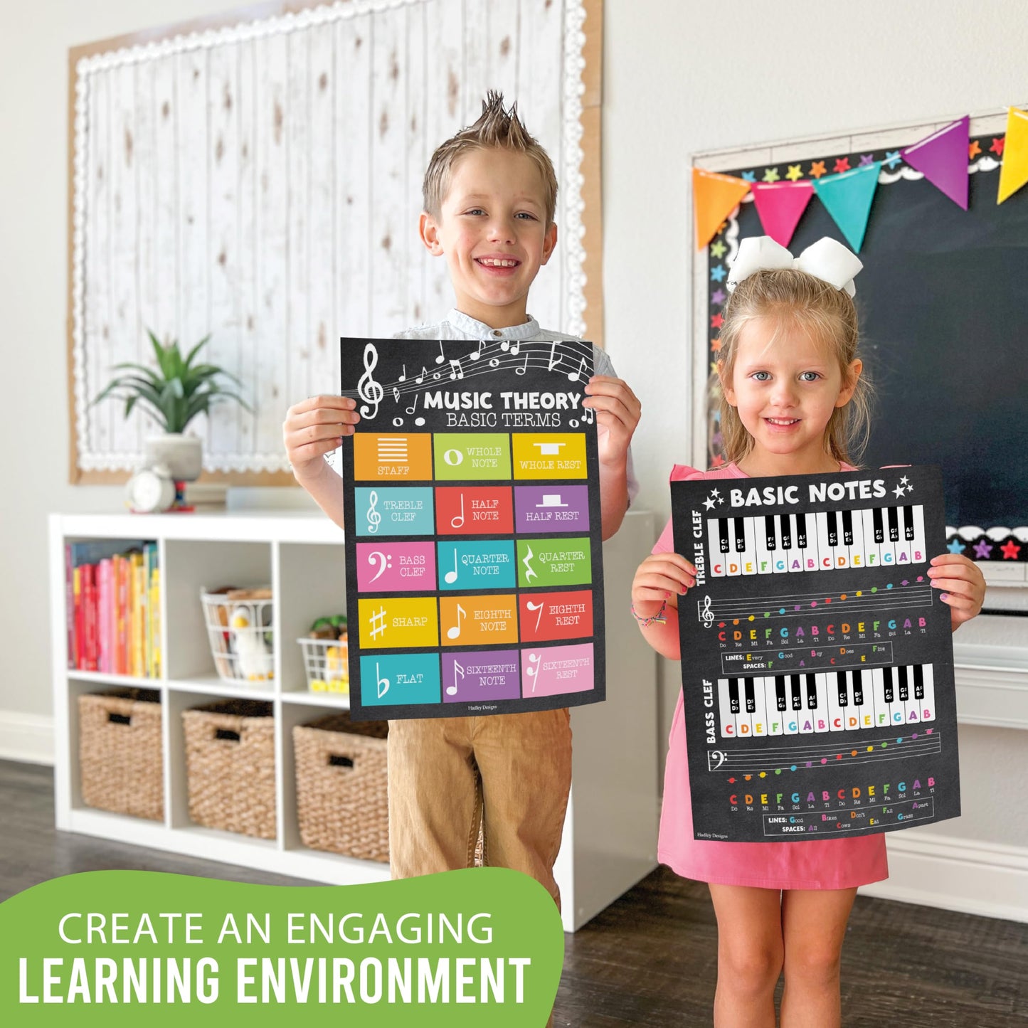 Hadley Designs Music Classroom Decor –9 Music Classroom Posters Elementary, Choir & Solfege Posters, Solfege Hand Signs & Musical Instruments Bulletin Board Decorations, Chalkboard Teacher Must Haves