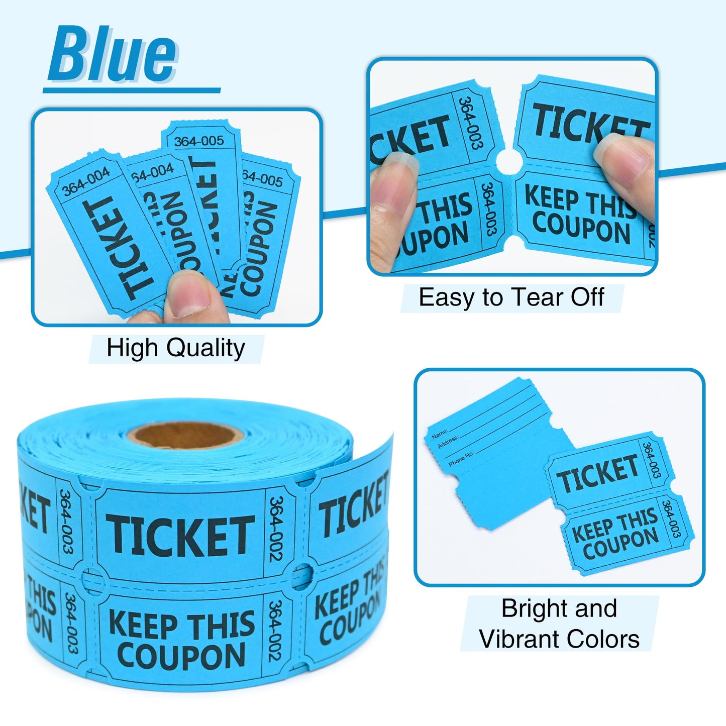ESSENTIAL 2000 Raffle Tickets Double Roll, Raffle Tickets Roll with Name and Phone Number, for Raffle, Events, Classroom, Entry, Class Reward & Door Prize - Blue/Yellow/Red/Green