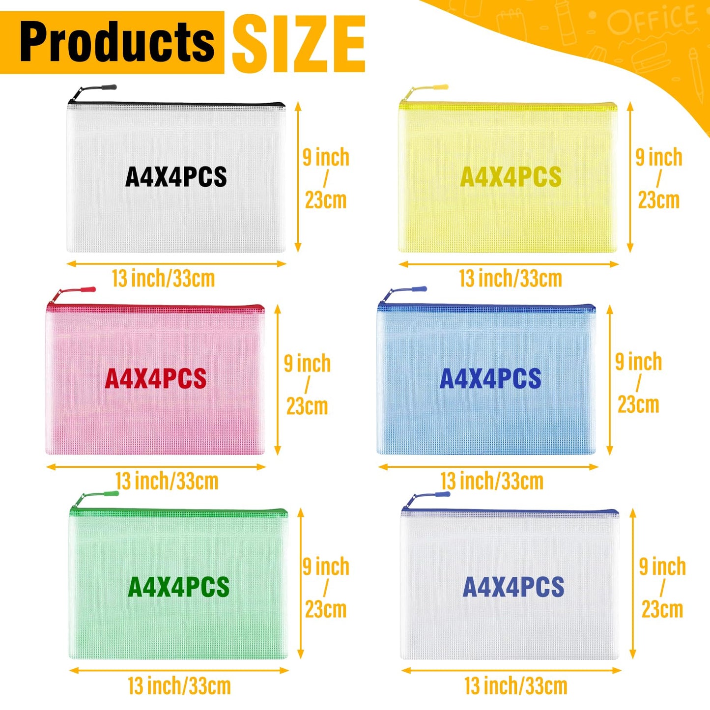 YOPCDJ 24pcs Mesh Zipper Pouch Bags A4 Zipper Bags for Classroom Organization, Waterproof Document Zipper Pouches for Cosmetics, Travel Storage File Bags for Office Supplie