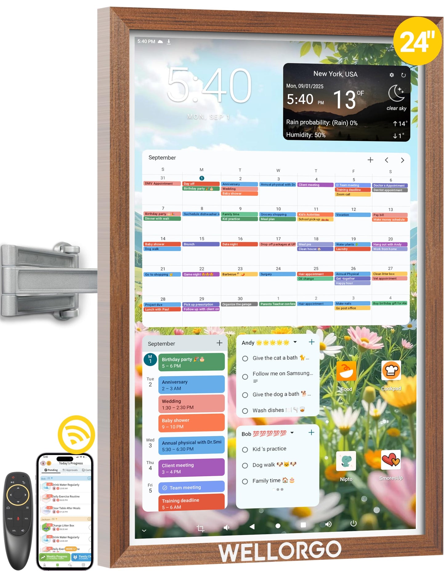Wellorgo 24" Digital Calendar, Electronic Smart Calendar for wall, Family Daily Planner/Chores Chart for Kids, Touch Screen with Remote, Streaming Apps Available, Adjustable Wall Mount & Picture Frame