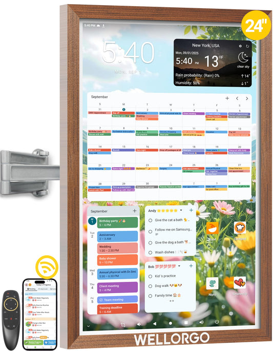 Wellorgo 24" Digital Calendar, Electronic Smart Calendar for wall, Family Daily Planner/Chores Chart for Kids, Touch Screen with Remote, Streaming Apps Available, Adjustable Wall Mount & Picture Frame