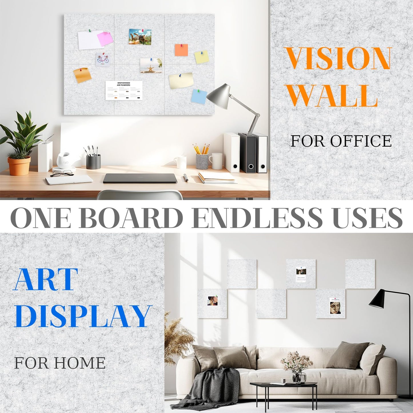 DOLLAR BOSS Felt Cork Board Tiles, 6 Packs 12" x 12" 1/2" Thick Cork Bulletin Board Self Adhesive Corkboards for Walls with 60 Pushpins for Home Office Kitchen School Decor Display, Light Grey