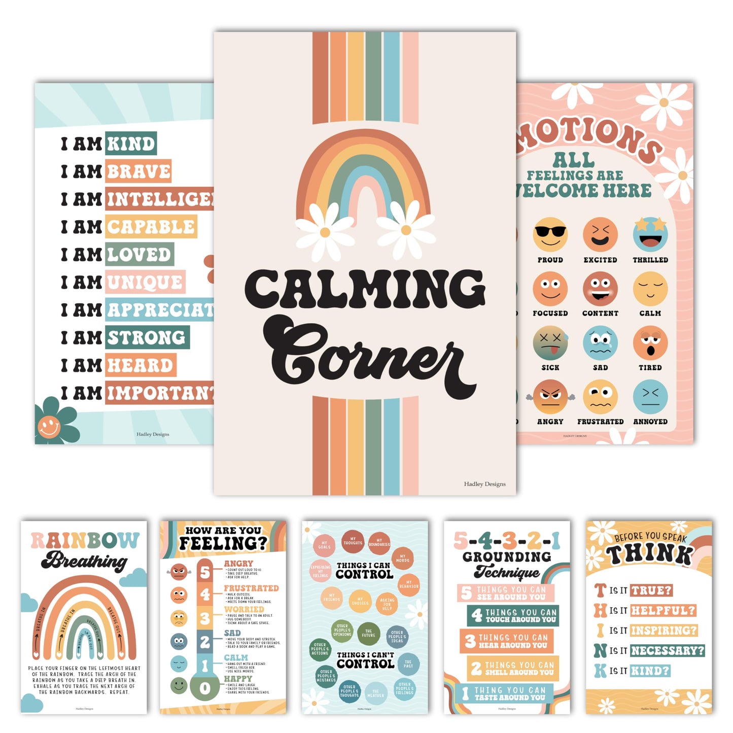 Hadley Designs 8 Calming Corner Posters for Classroom Must Haves - Calm Down Corner Supplies with Emotions Chart, School Counselor Mental Health Poster, Feelings Chart For Kids, Retro Classroom Decor