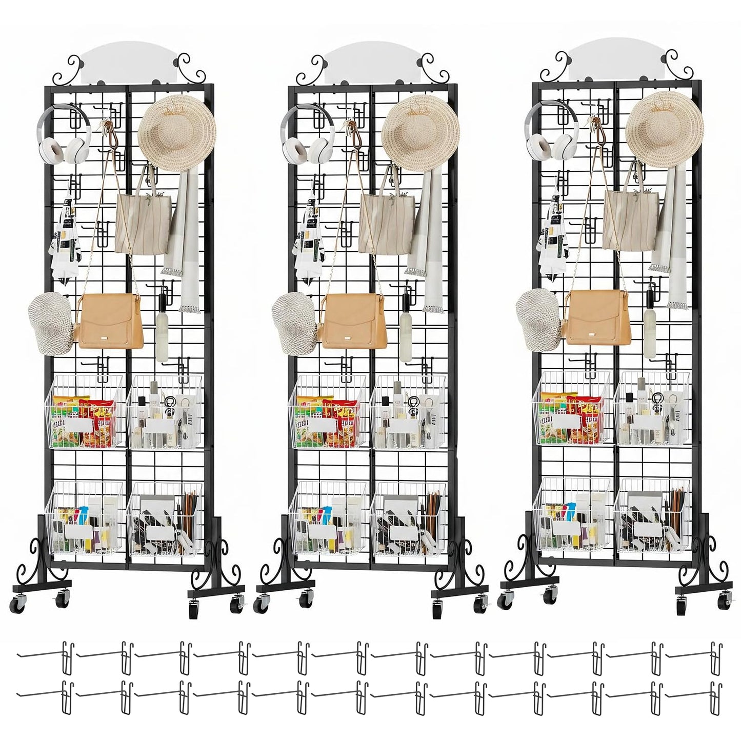 Urban Deco 3 Packs Grid Wall Panel Display Stand, 2.2' x 6.2' FT Gridwall Panel with Extra 24 Hooks, Craft Show Display Rack Black Metal Grids Standing Wire Rack for Retail Merchandise