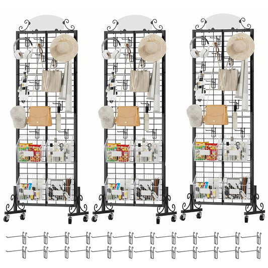 Urban Deco 3 Packs Grid Wall Panel Display Stand, 2.2' x 6.2' FT Gridwall Panel with Extra 24 Hooks, Craft Show Display Rack Black Metal Grids Standing Wire Rack for Retail Merchandise
