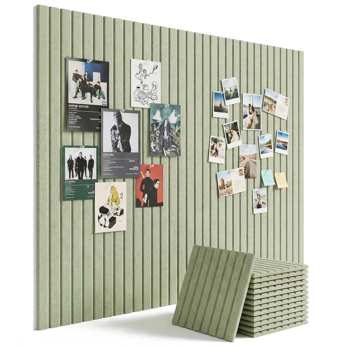 Aothia 12-Pack Felt Bulletin Board Tiles 48"x36", Modular Pin Board for Smooth Walls, Cork Board Alternative for Notes & Photos, 0.35" Thick, 70 Adhesive Tabs & 40 Pins, Sage Green