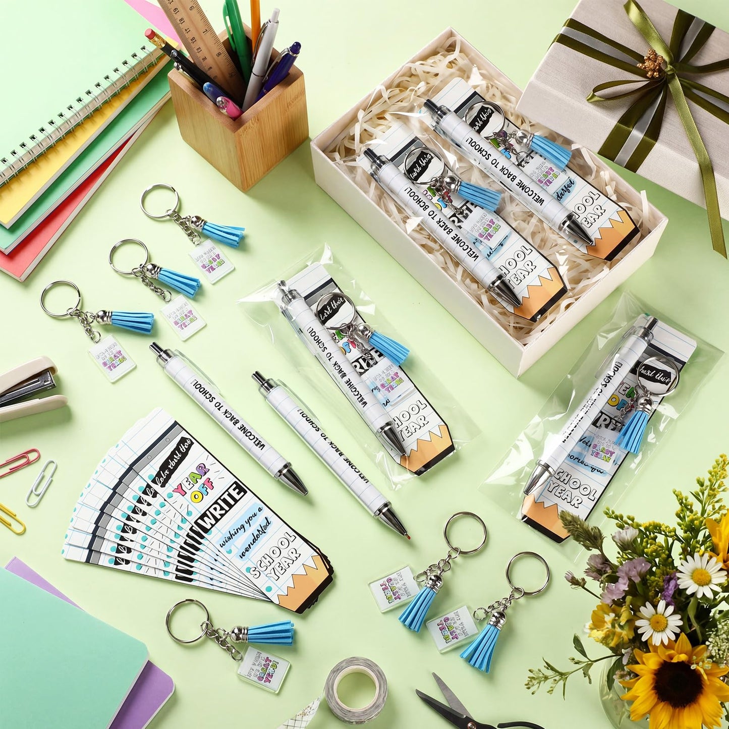 Tenceur 30 Set Bulk Back to School Gifts for Students Notebook Themed Ballpoint Pens Keychains and Cards Set First Day of School Gifts Supplies for Teacher Classroom Rewards Party Favors