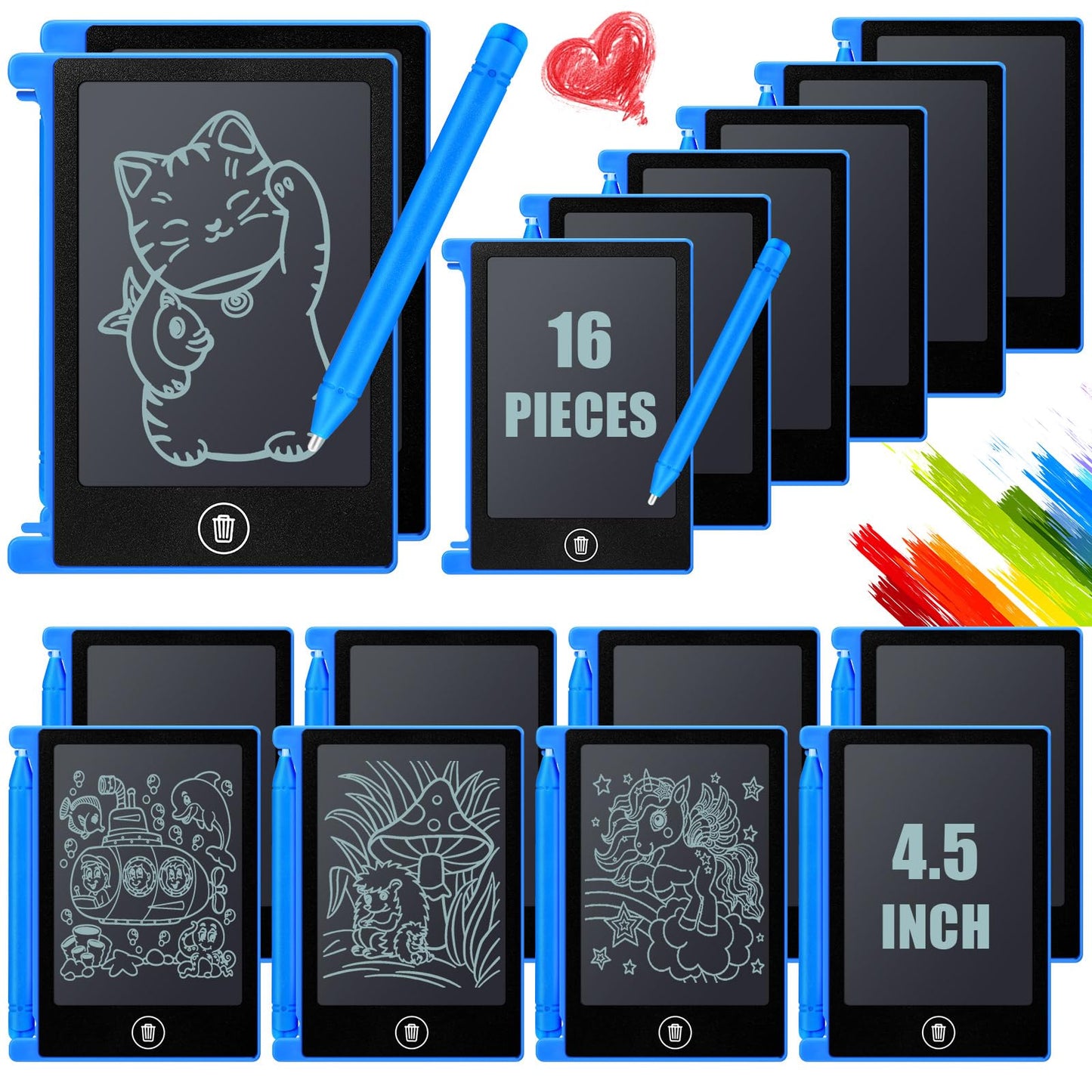 Nezyo 16 Pack 4.5 Inch Mini LCD Writing Tablet for Kids Electronic Doodle Board Bulk Erasable Drawing Tablet Reusable Writing Pad for Girls Boys Party Favor Goodie Bag Classroom Gifts(Blue)