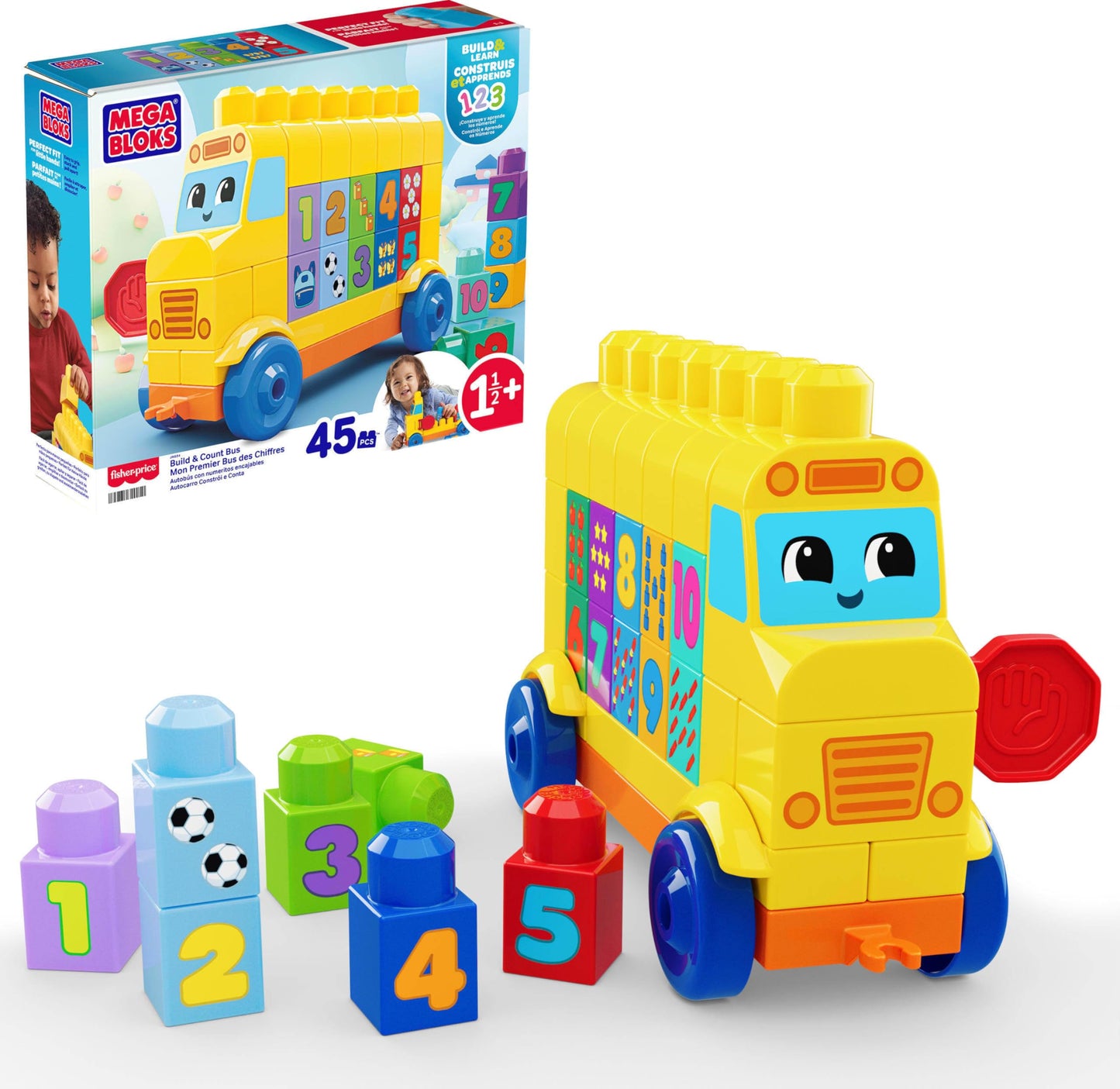 MEGA BLOKS First Builders Toddler Block Toys Set, Build & Count Bus 45 Pieces, Learn Numbers and Counting, Yellow, Ages 1+ Years