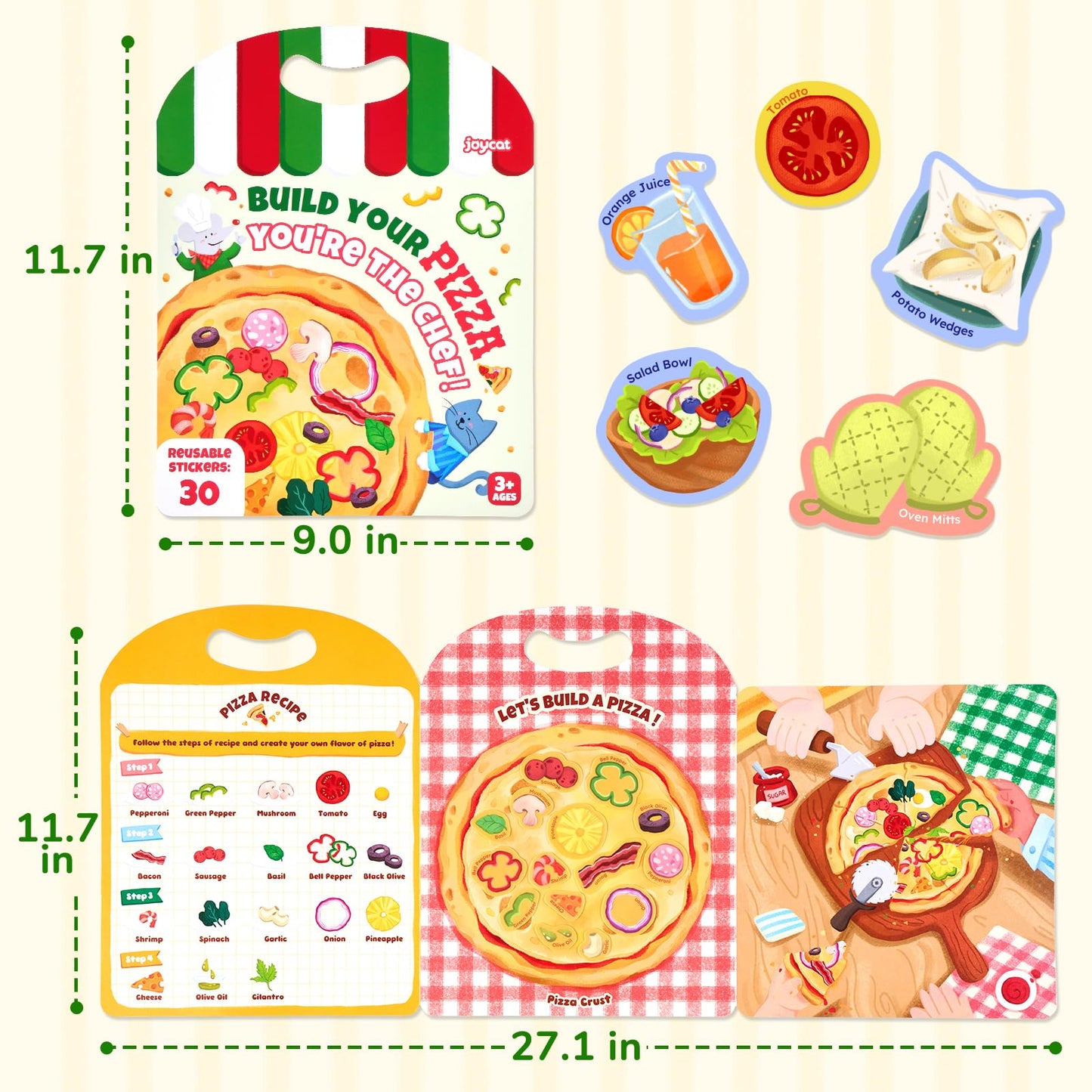 JoyCat Reusable Sticker Book - Stickers for Toddlers, Kids Sticker Activity Book, Travel Toys for Road Trip, Car & Airplane, Educational Learning Gifts for Boys and Girls Ages 3-5 (Pizza-Making)
