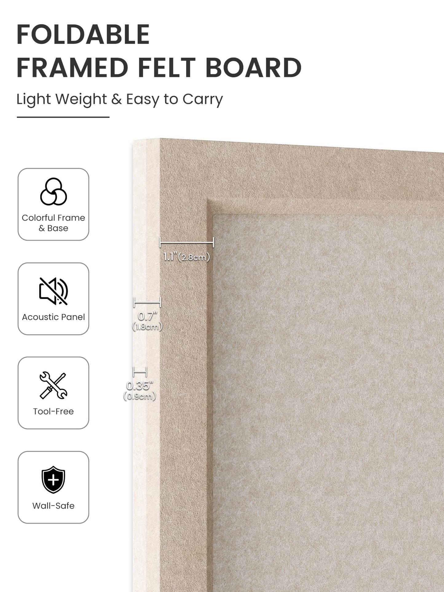 Fluxynara Foldable Cork Board Alternative, Felt Bulletin Board 23.6" x 17.5" Deep Camel Frame with 12 Adhesive Tabs, Pin Board for Home Office, Classroom, Entryway, Kitchen Wall Decor—Oatmeal