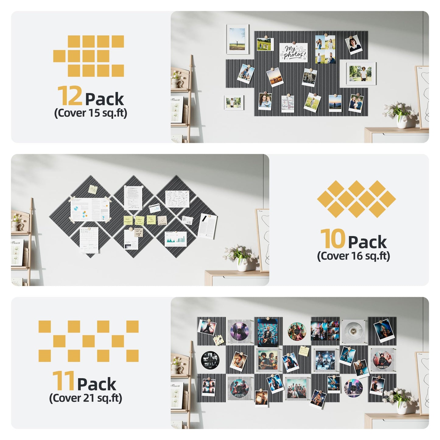 Large Cork Board for Wall 36" x 48" Black Bulletin Board with Safe Removable Adhesive Squares for Pictures Photos, Alternative CorkBoard Felt Pin Boards Tiles for Office Classroom Wall Decor-12 Pack