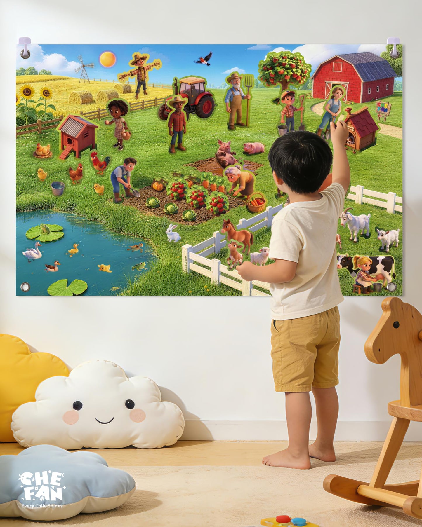 CHEFAN Farm Animals Felt Story Board Set 58 PCS, 3.5FT Interactive Storytelling Early Learning Play Kit Wall Hanging for Kids Children, Preschool Farmhouse Barnyard Busy Board Toys for Ages 2-4