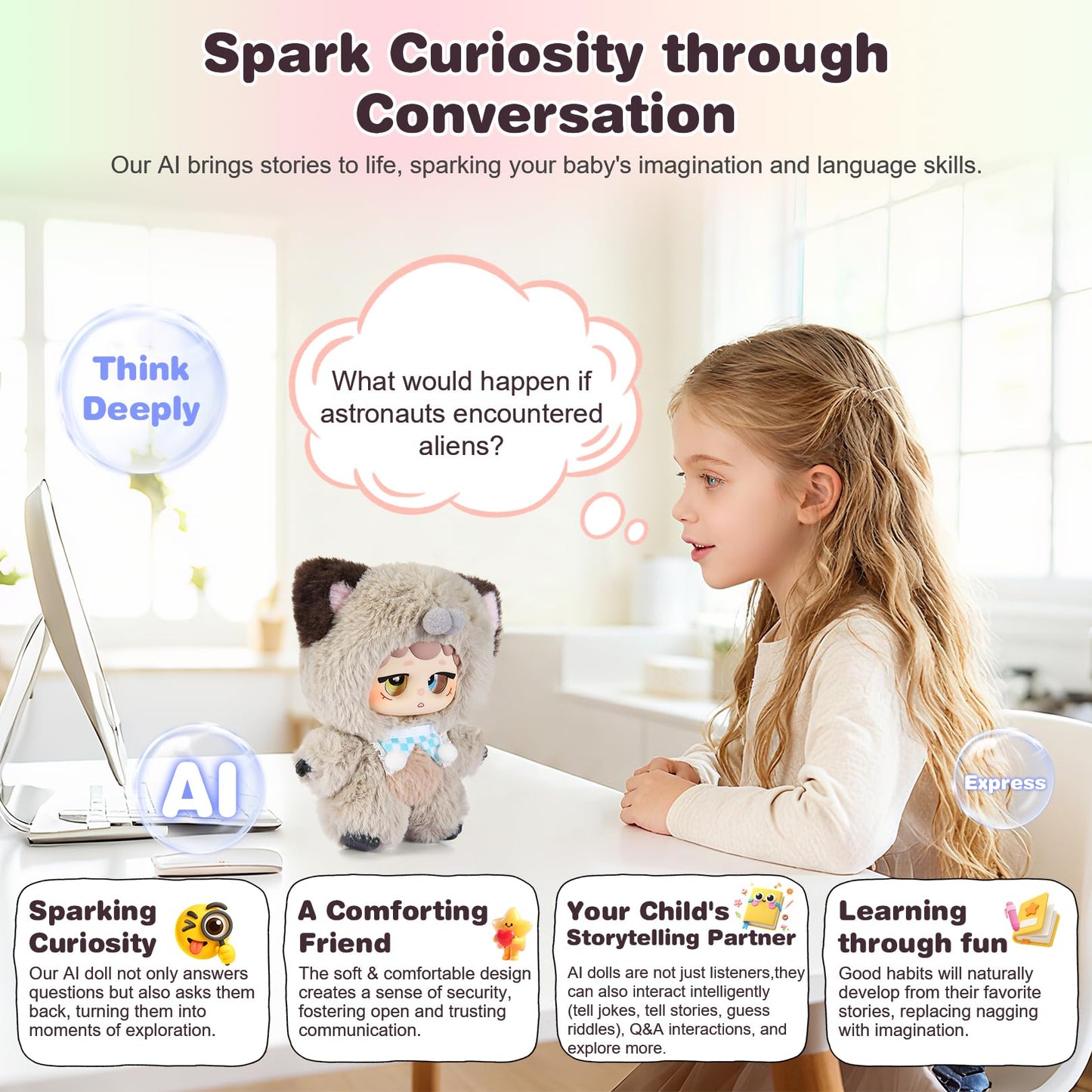 𝐀𝐈-𝐩𝐨𝐰𝐞𝐫𝐞𝐝 Plush Interactive Toy with Multiple Languages Switchable, Mini Communicatible Companion Bauble, Creative Simulated Rechargeable Doll Plaything for Kids Children Ages 3+ (8" High)