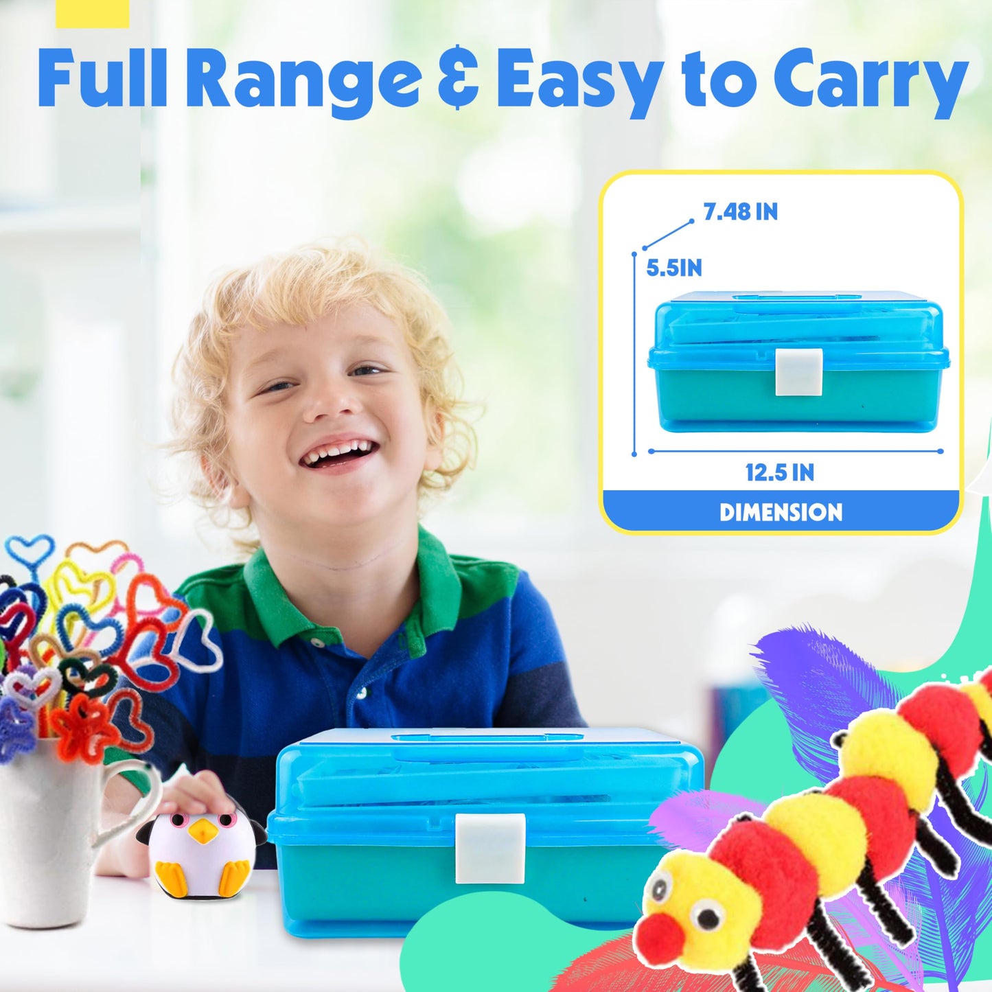 SMILESSKIDDO Arts Craft Supplies for Kids - 1000+ PCS Toddler DIY Craft Art Supply Set, Portable 3 Layered Folding Storage Box School Craft Projects - Gifts for Girls Ages 4-8, 8-12, Blue
