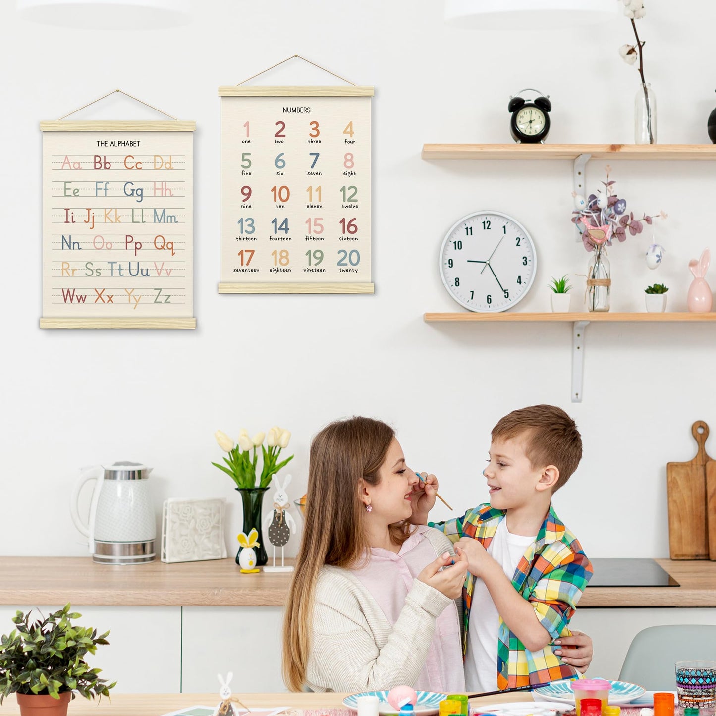 BONETAT Numbers alphabet poster for Nursery Toddlers, Play Room Wall Decor, ABC Wall Chart, Wall Hanging Decor for Toddler Playroom Decor Kids Wall Decor, Wooden Frame Alphabet Banner-A11