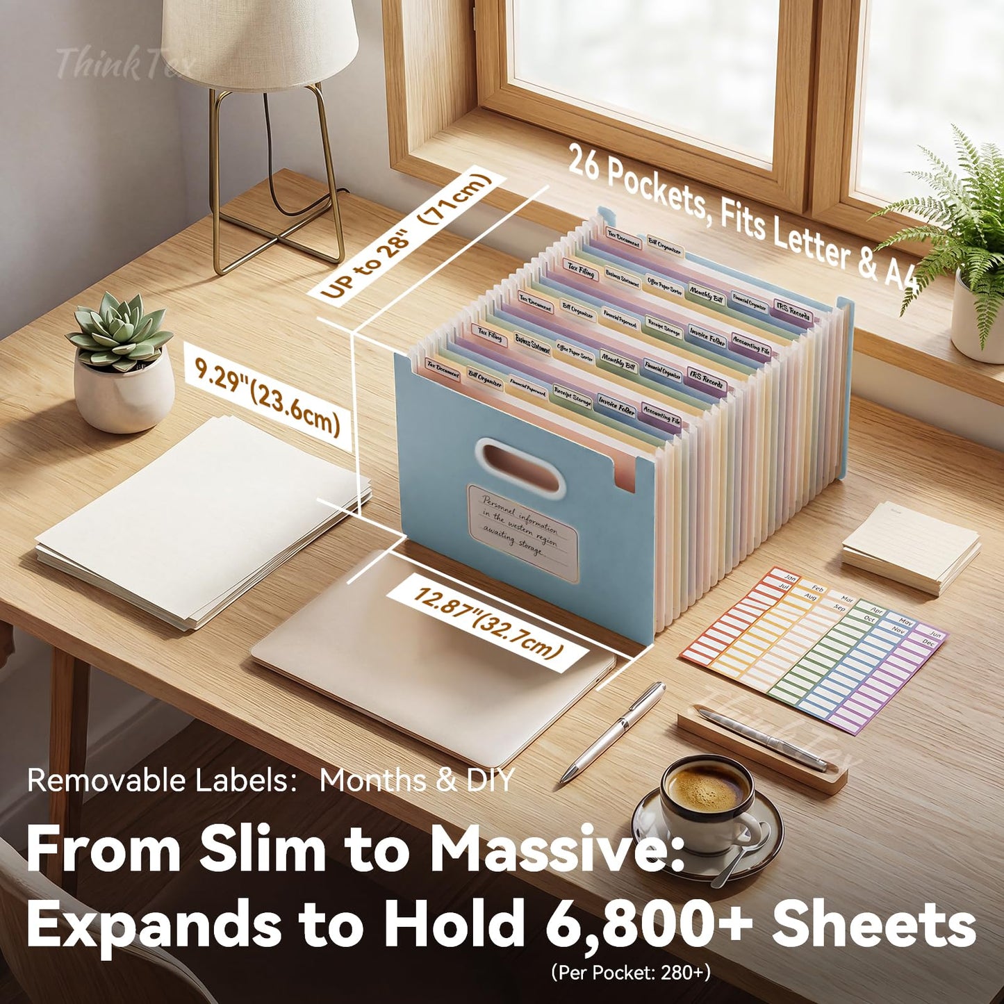ThinkTex 26-Pocket Accordion File Organizer, Upright Open Top, Monthly Tabs, High Capacity Wheat Straw Expanding File Folder, Fits Letter A4 & Manila Folders for School Home Office- Sky Blue