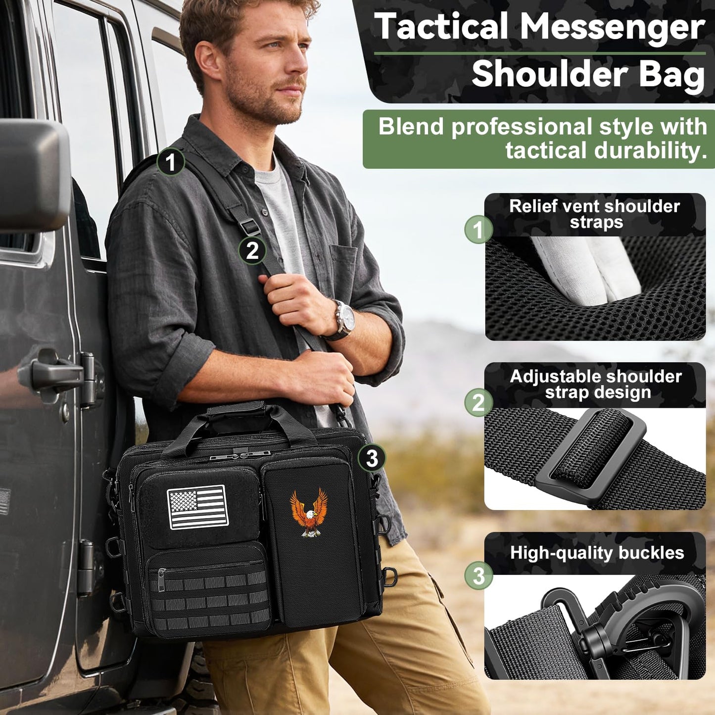 BYIECLD Tactical Laptop Bag for Men, 14 Inch & 18 Inch Military Messenger Bag, 900D Nylon Water Resistant Computer Bag with Luggage Strap, Multipurpose Work Bag for Travel, Business, Campus