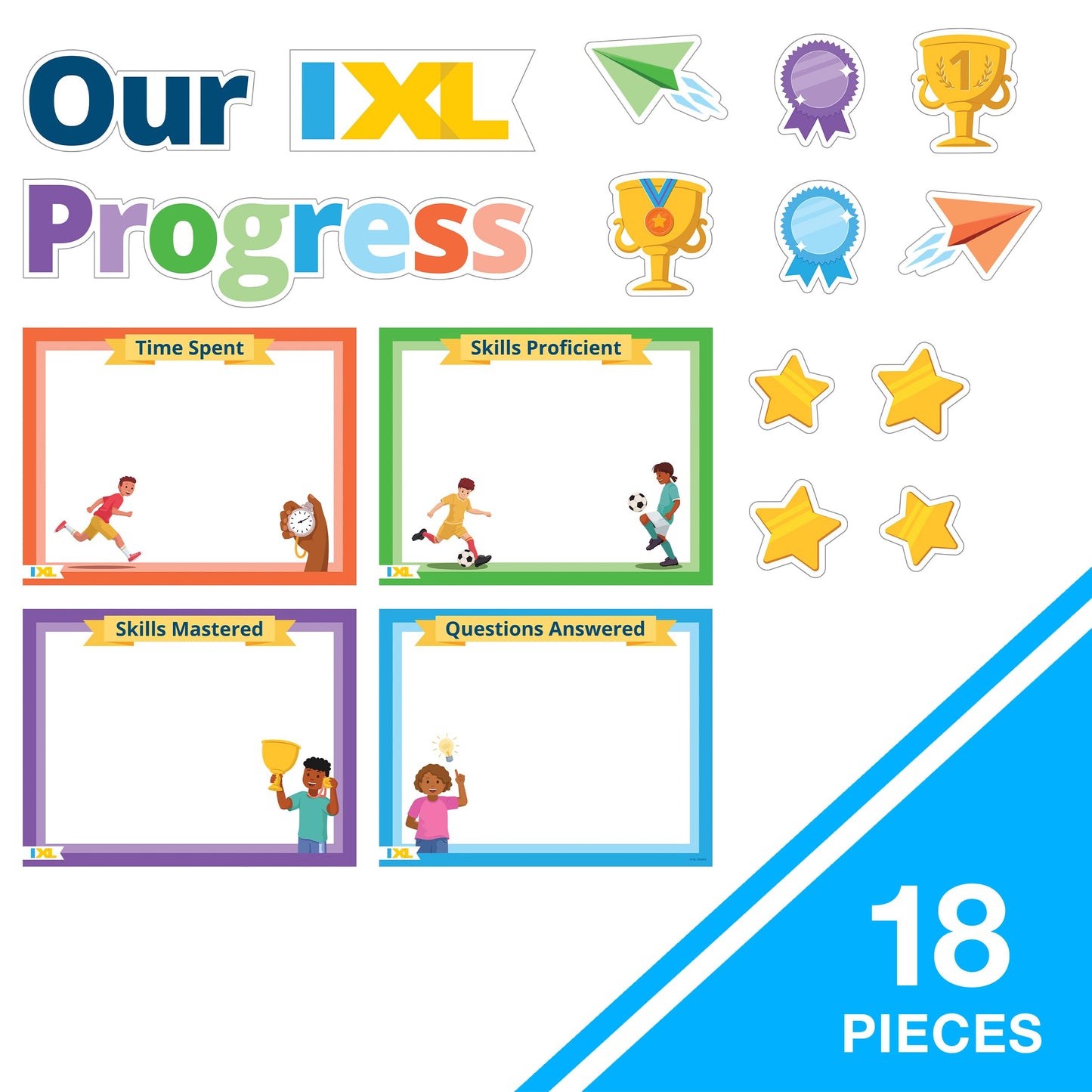 Our IXL Progress 18PC Dry Erase Bulletin Board Set, Header, Write-On Wipe-Off Posters, and Colorful Cardstock Cutouts, Goal Trackers Charts and Teacher Supplies for Classroom Management