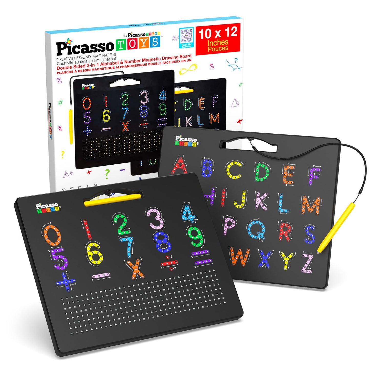 PicassoTiles 2in1 Magnetic Drawing Board Toy 12x10 In Large Magnet Bead Pad with Alphabet and Math Side in Black STEM Educational Writing Playboard Reusable Erasable Learning Tablet for Kids PTB02-BLK