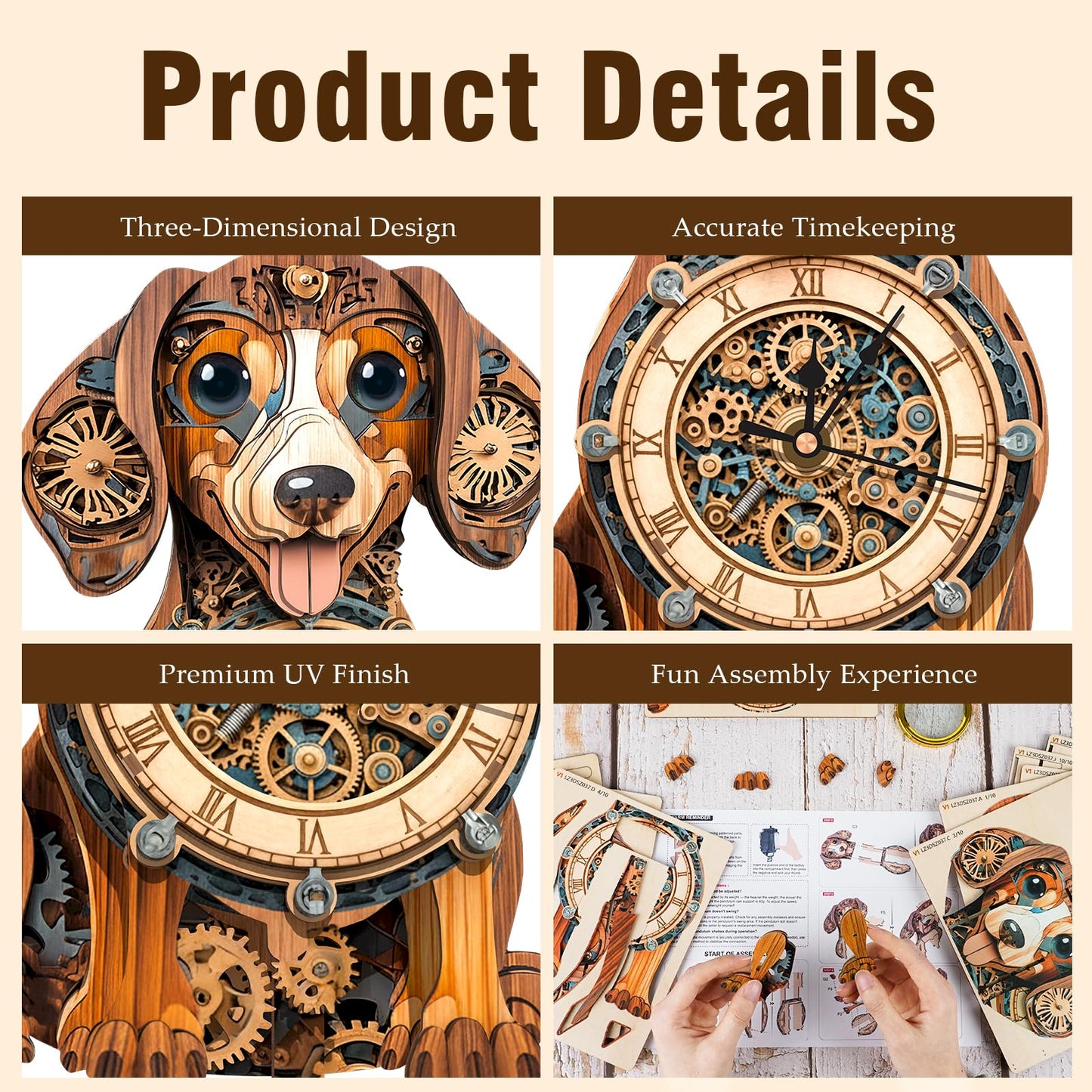3D Wooden Puzzles for Adults, Dachshund Clock with Pendulum Model Kit, 3D Puzzles for Adults Room Home Decor DIY Wall Clock Kit, Holiday Birthday Christmas Day Gifts for Men Women Teens