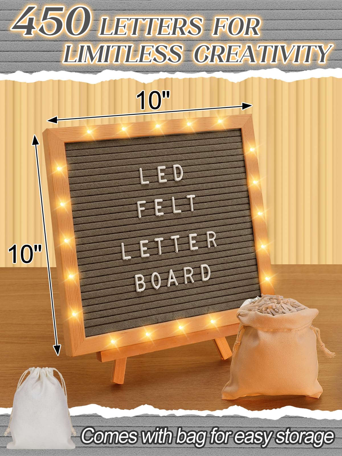 Felt Letter Board with LED Lights - 10 ×10" Custom Message Board with Changeable Letters & Stand, First Day of School Sign/Graduation/Pregnancy/Baby Announcement/Wedding/Classroom Decor, Grey