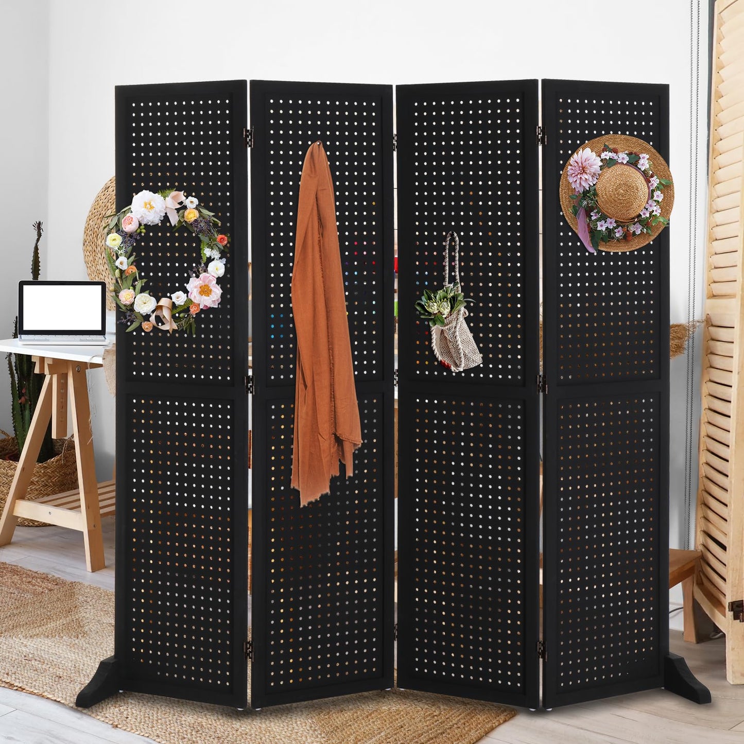 Bonnlo 4 Panel Pegboard Freestanding, 5 FT Portable Display Board Organizer for Craft Show Jewelry, Wooden Folding Privacy Screen Room Divider (with Base, Black)