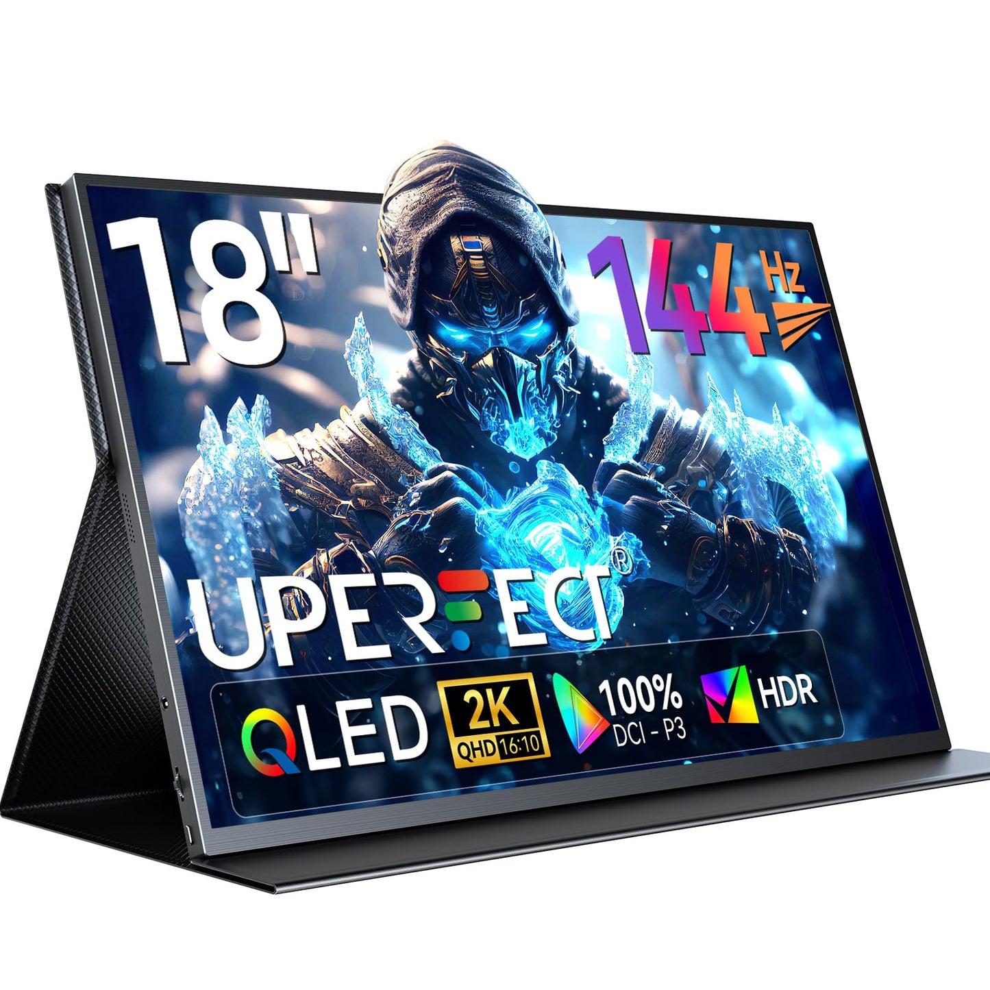 UPERFECT 18" QLED Portable Monitor, 2K 2560×1600, 144Hz Gaming Display, 400 Nits Brightness, FreeSync HDR, 100% DCI-P3, Ultra-Slim USB-C/HDMI Monitor for Laptop MacBook Phone Game Console, VESA Mount