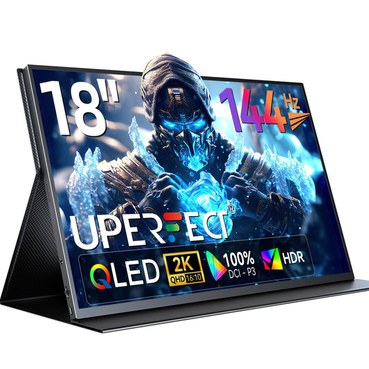 UPERFECT 18" QLED Portable Monitor, 2K 2560×1600, 144Hz Gaming Display, 400 Nits Brightness, FreeSync HDR, 100% DCI-P3, Ultra-Slim USB-C/HDMI Monitor for Laptop MacBook Phone Game Console, VESA Mount