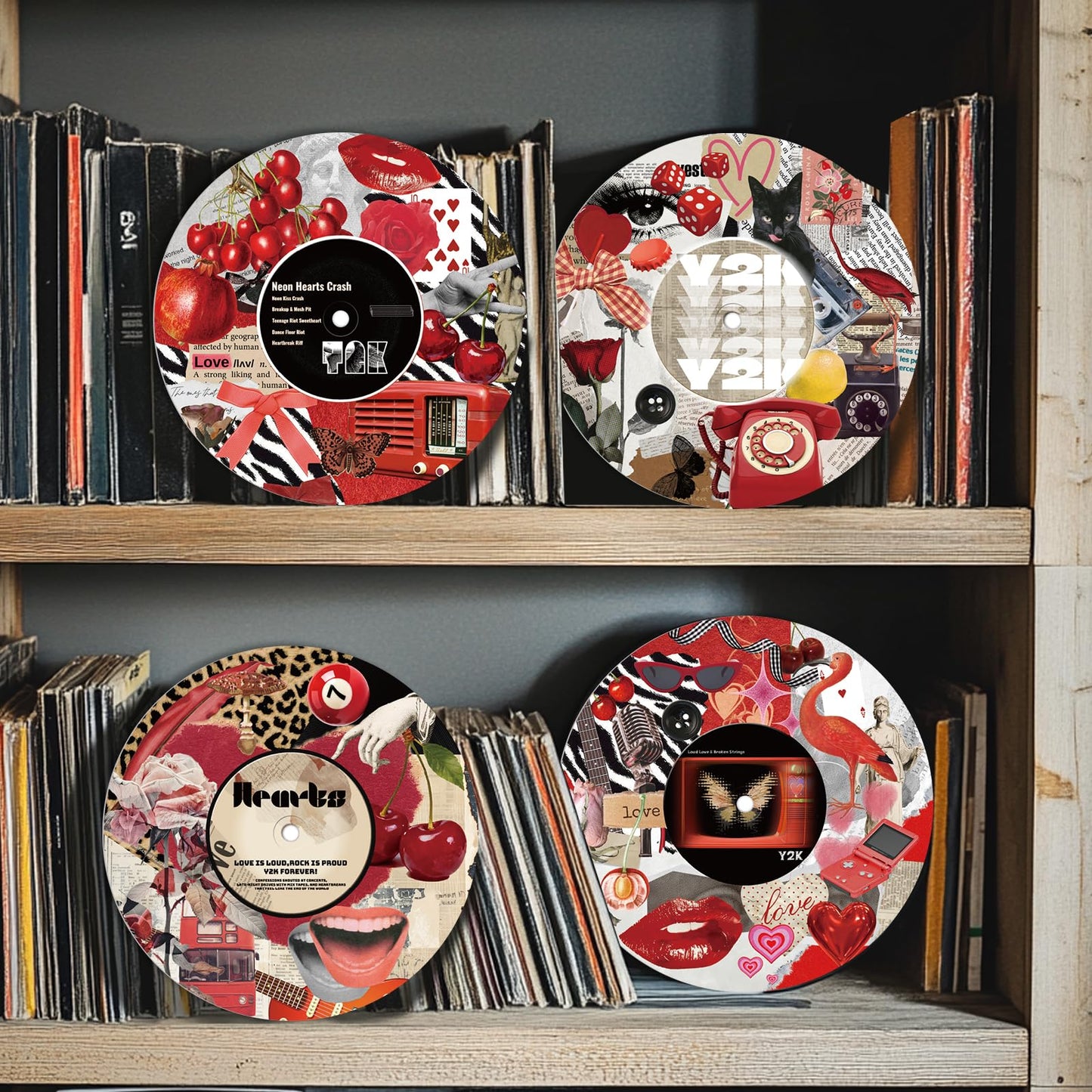 DOODLREAM 4PCS Y2K Aesthetic Vinyl Record Wall Decor 12" Hippy Red Retro Wall Art Posters for Room Aesthetic, Collage Art Retro Record Decor for Music Party Studio Living Room DIY Craft Project