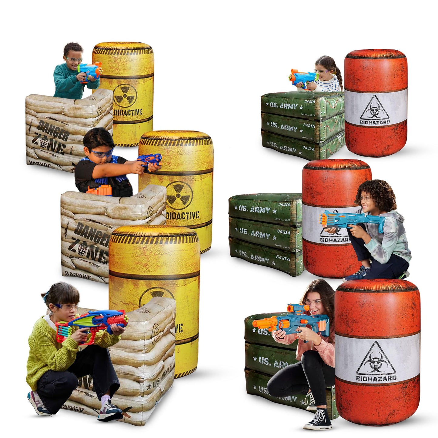 12-Piece Inflatable Combat Battlefield Set — Includes 6 Barrels, 3 Army Boxes, 3 Sandbag Barricades for Laser Tag, Water Gun, Dart Blaster, and Action-Themed Parties